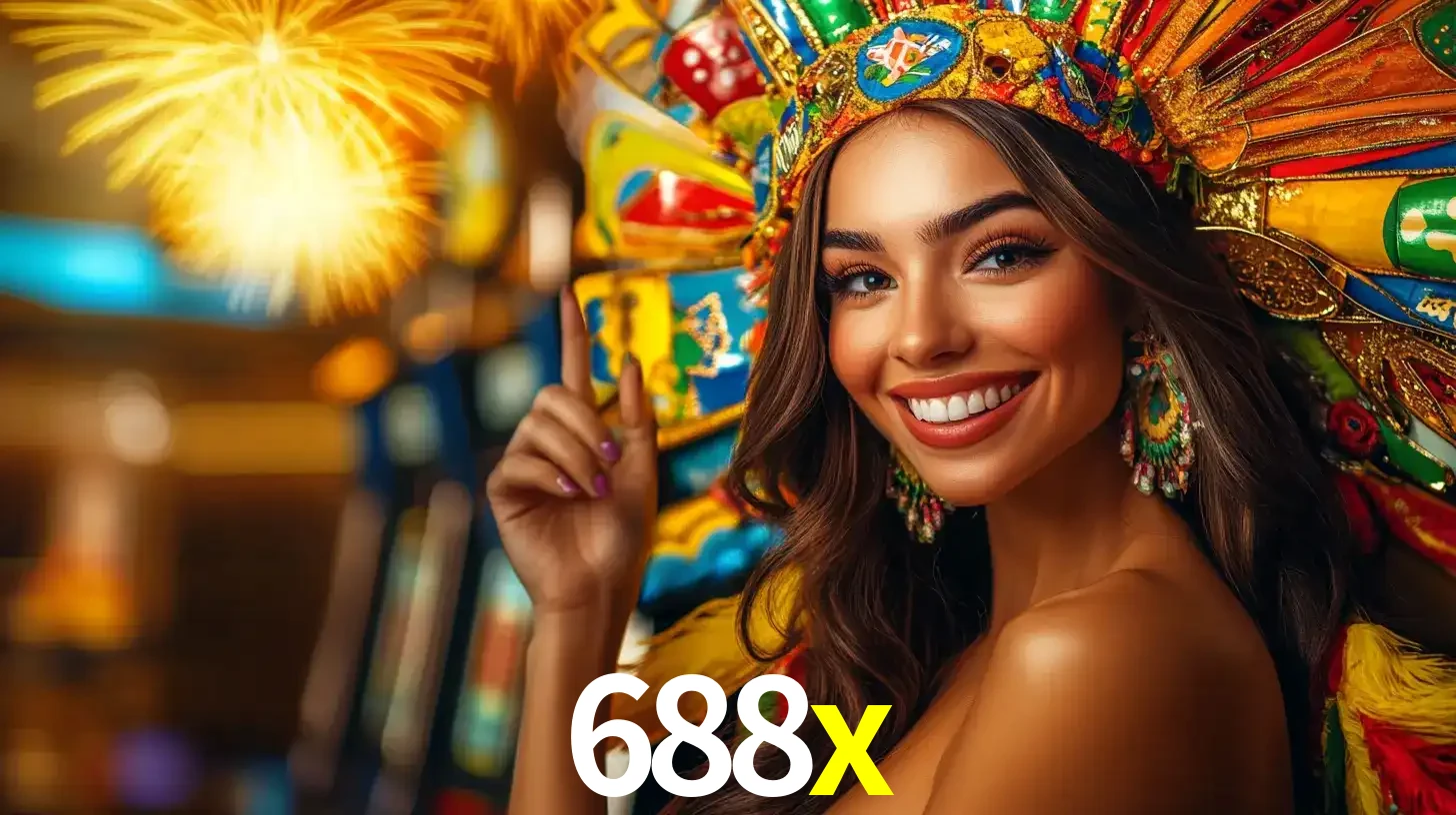 Mulher sorridente com um cocar de carnaval vibrante e colorido, celebrando uma grande vitória nos jogos do cassino 688x com fogos de artifício ao fundo.