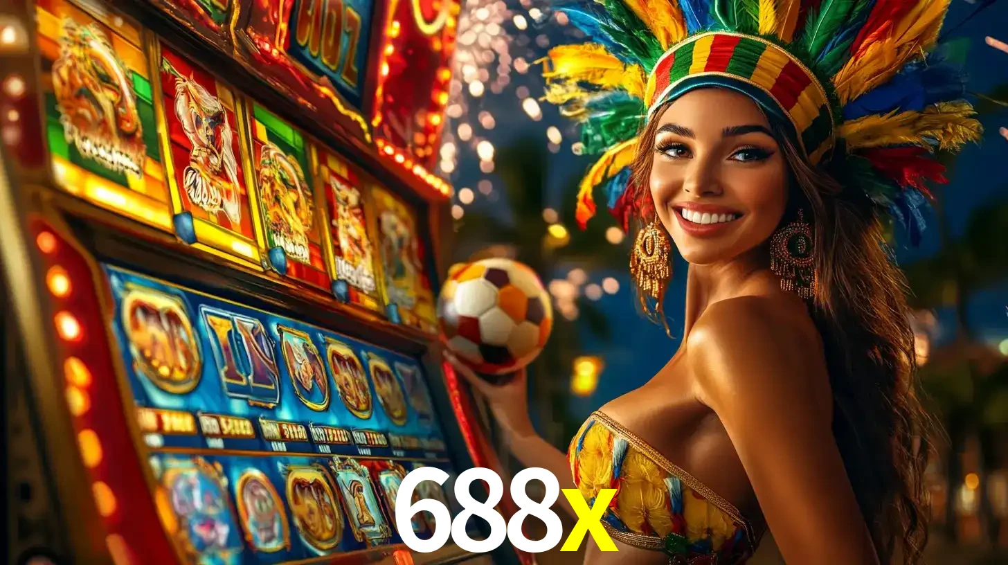 Mulher com um cocar de carnaval ao lado de uma máquina de caça-níqueis enquanto segura uma bola de futebol, mostrando a união da diversão de cassino e esportes no 688x.