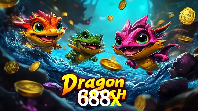 Arte promocional do jogo Dragon Hatch com três adoráveis dragões bebês nadando entre moedas de ouro, um dos slots mais divertidos para jogar no cassino 688x.