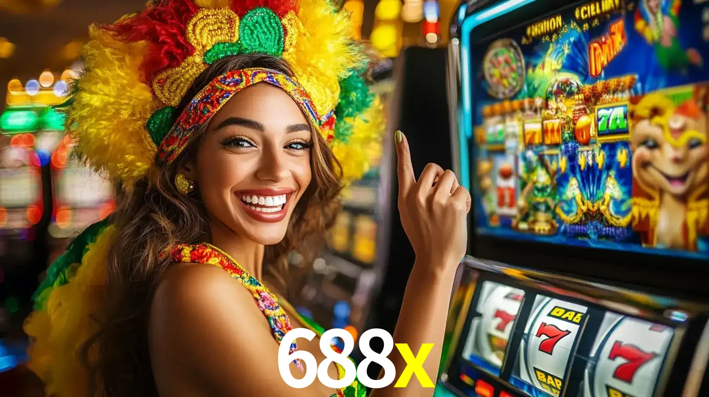 Mulher animada com um cocar de carnaval apontando para uma máquina de caça-níqueis, mostrando a emoção de ganhar um grande prêmio nos jogos do 688x.