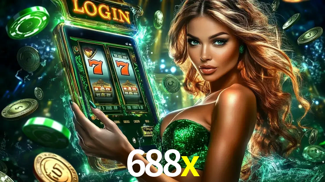 Mulher com tema verde apresentando o aplicativo do cassino 688x com um jogo de slot de 777, cercada por fichas de cassino e uma aura de sorte.