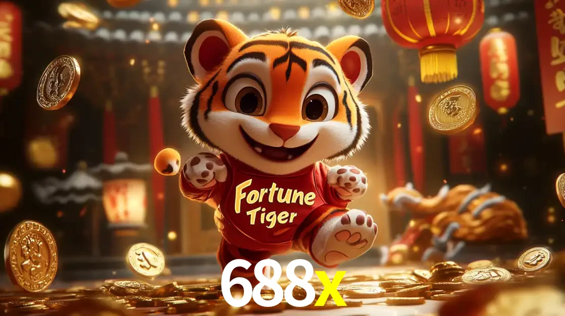 O alegre personagem do Fortune Tiger correndo sobre um caminho de moedas de ouro, simbolizando os grandes prêmios e a diversão do popular jogo de slot do 688x.