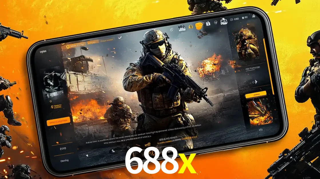 Um smartphone exibindo a interface de um jogo de tiro em primeira pessoa, com um soldado em um cenário de batalha, representando a ação dos e-sports para apostar no 688x.