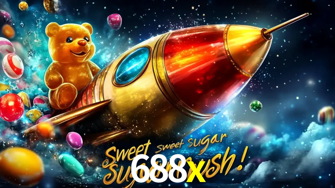Arte promocional do jogo de slot Sugar Rush, com um urso de pelúcia em um foguete viajando pelo espaço de doces, um dos jogos divertidos disponíveis no cassino 688x.