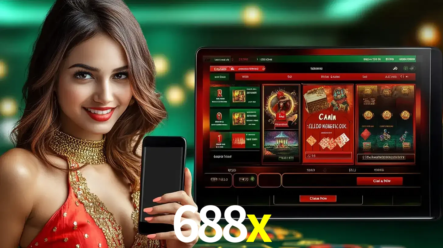 Mulher sorridente segurando um smartphone, ao lado de uma tela exibindo o lobby de jogos do cassino online 688x, com várias opções de jogos de cartas e slots.